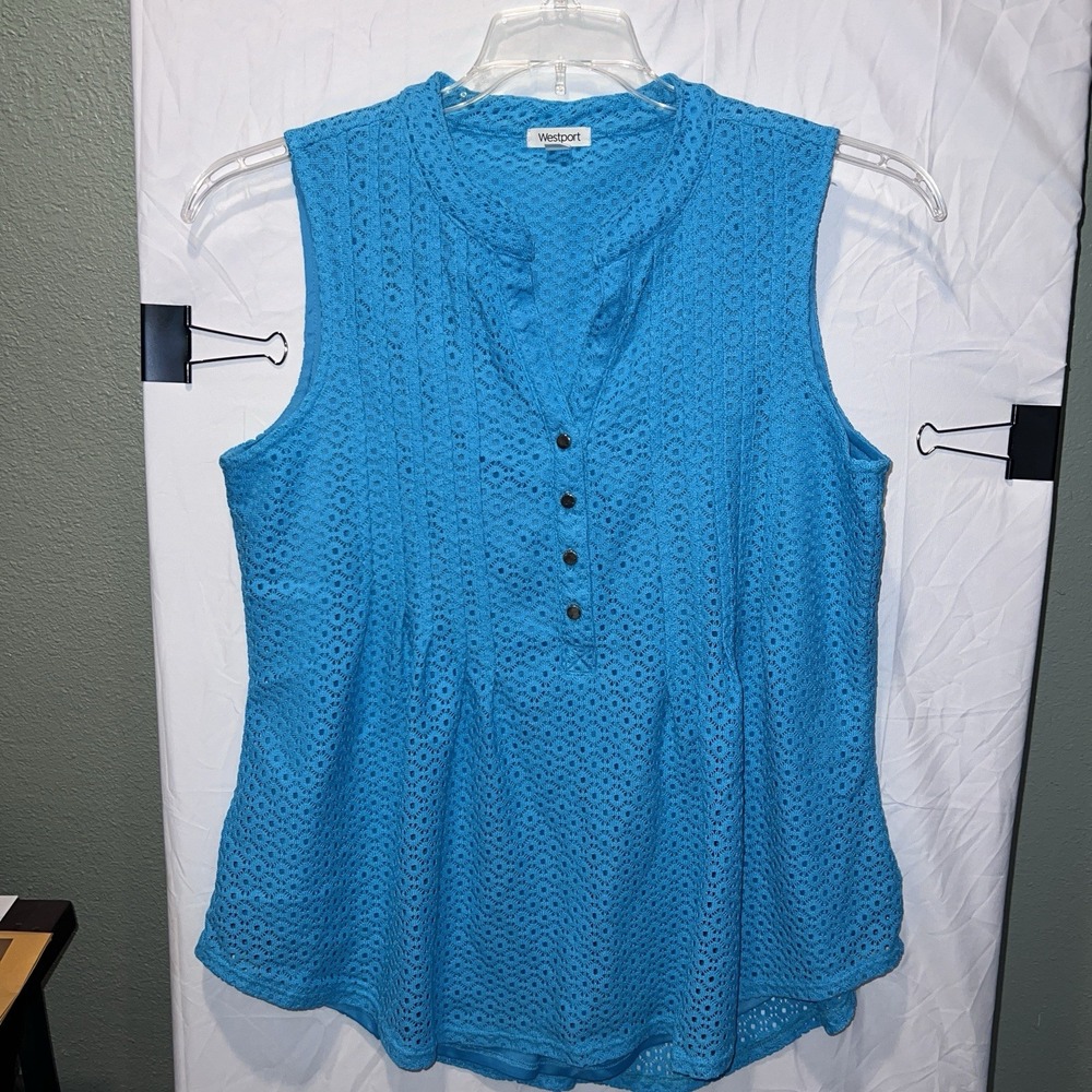 Ladies Westport Blue Lined Eyelet Lace Blouse Top M Medium Peplum Flounce